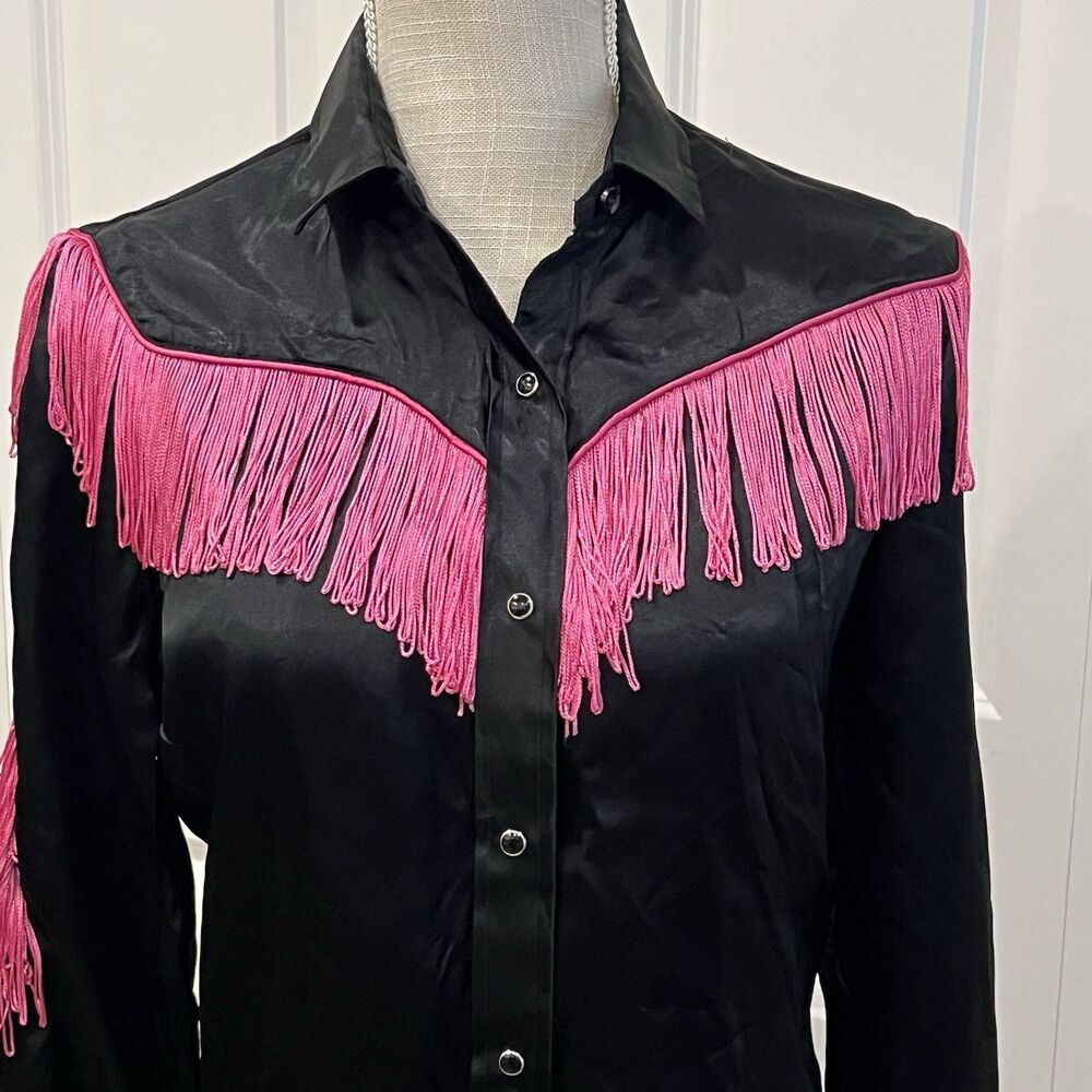 Karman Women's XS/S Western Pearl Snap Satin Black Pink Fringe Rodeo Rockabilly - Picture 1 of 11